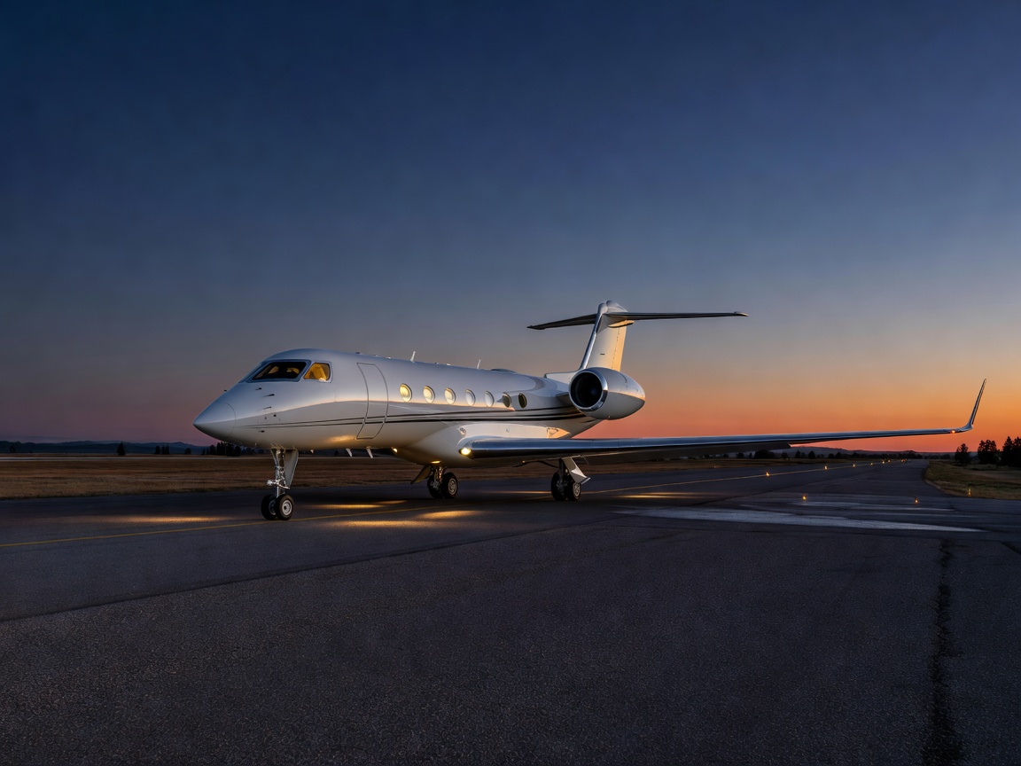 Executive jet on private runway at dusk ready for charter