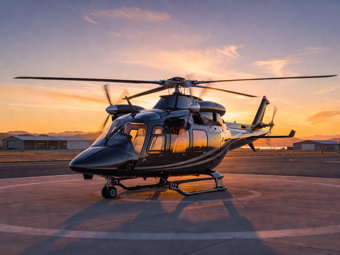 Twin-engine VIP helicopter ready for sunset transfer